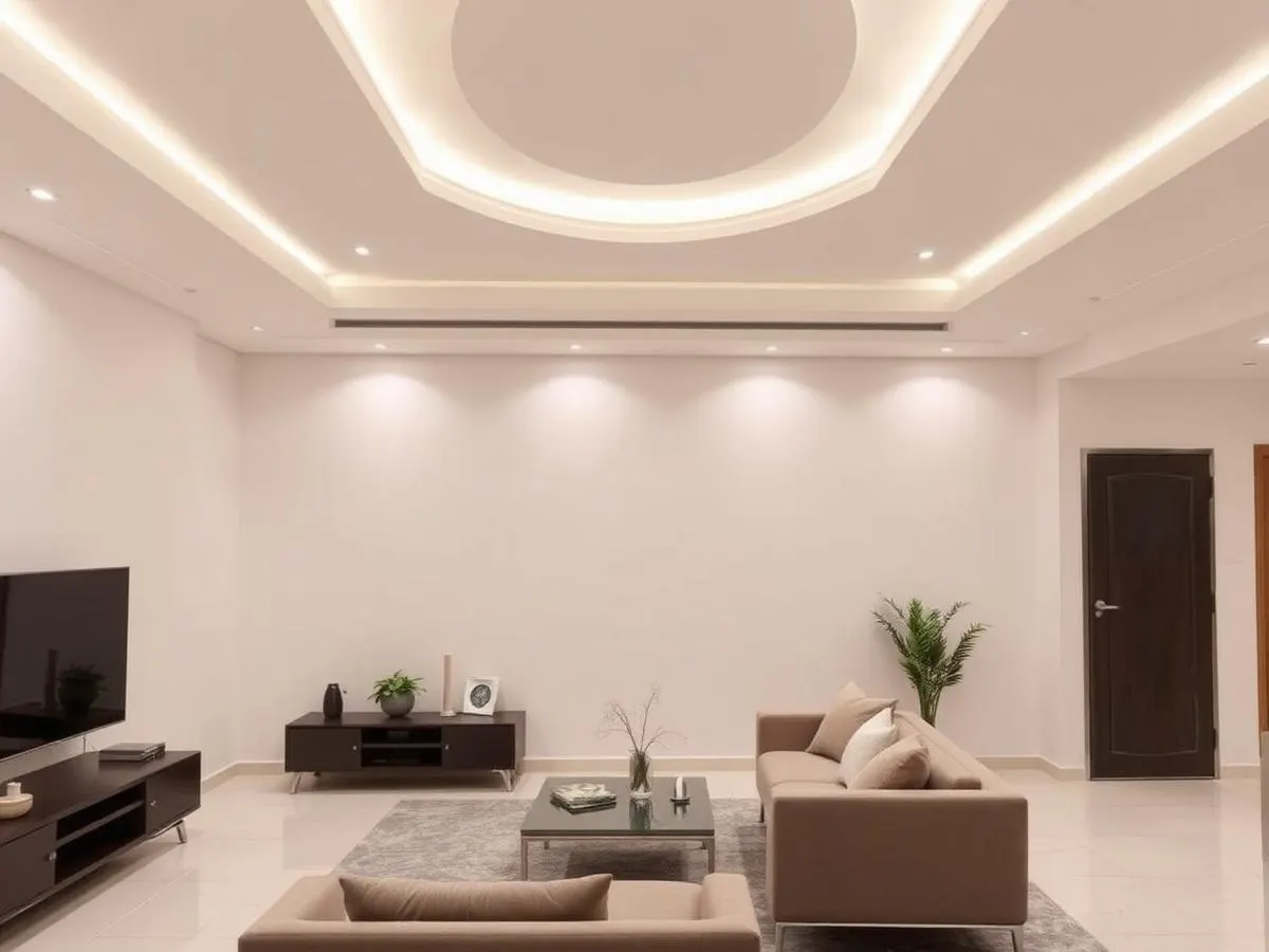 Living room with POP ceiling, cove lighting and painted walls